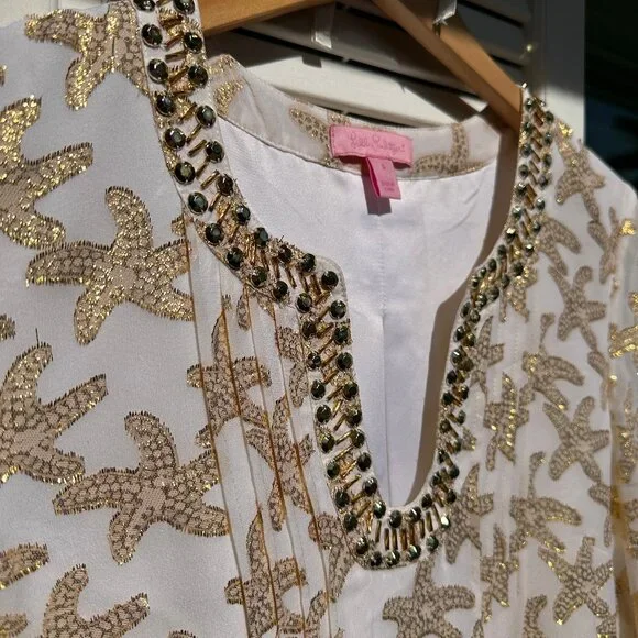 Lilly Pulitzer Colby Silk Tunic Dress White Gold Starfish